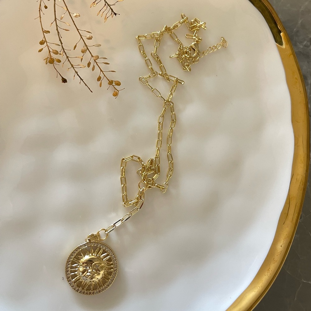 Gold Zircon Sun Medallion Necklace Gold Glowing Sun Necklace Sun Charm Pendant